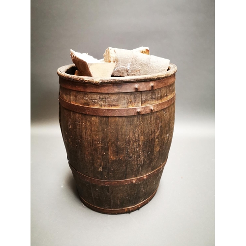 241 - Early 20th C. metal bound log bucket with wrought iron handle {59 cm H x 47 cm W x 46 cm D}.