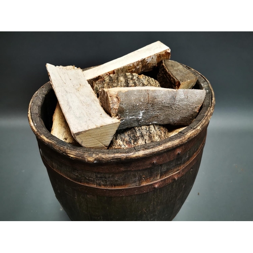 241 - Early 20th C. metal bound log bucket with wrought iron handle {59 cm H x 47 cm W x 46 cm D}.