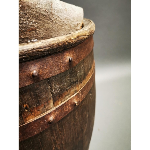 241 - Early 20th C. metal bound log bucket with wrought iron handle {59 cm H x 47 cm W x 46 cm D}.