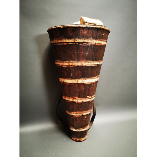 242 - Early 20th C. pine metal grape carrier with original leather straps {119 cm H x 60 cm W x 40 cm D}.