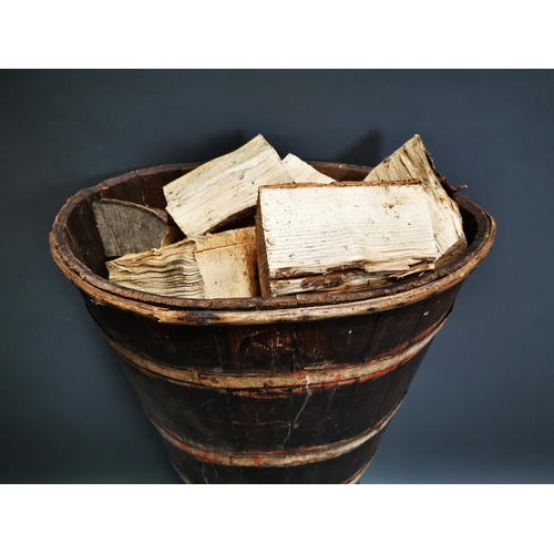 242 - Early 20th C. pine metal grape carrier with original leather straps {119 cm H x 60 cm W x 40 cm D}.