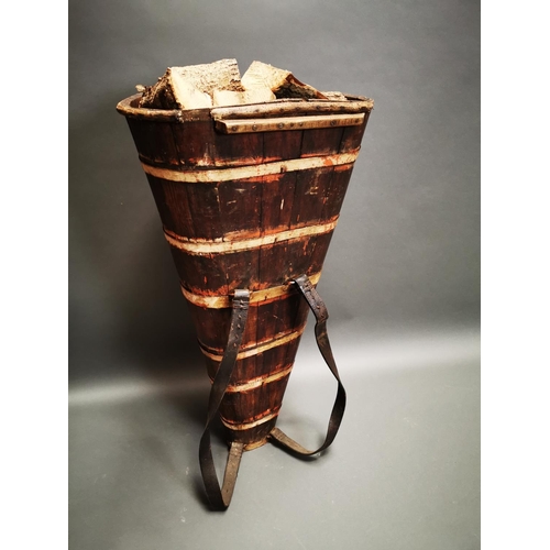 242 - Early 20th C. pine metal grape carrier with original leather straps {119 cm H x 60 cm W x 40 cm D}.