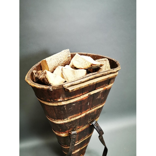 242 - Early 20th C. pine metal grape carrier with original leather straps {119 cm H x 60 cm W x 40 cm D}.