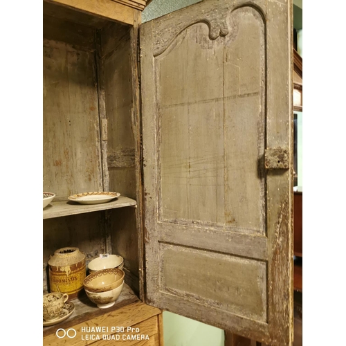 255 - Early 19th C. bleached oak two piece kitchen cupboard two long panelled doors over two short drawers... 