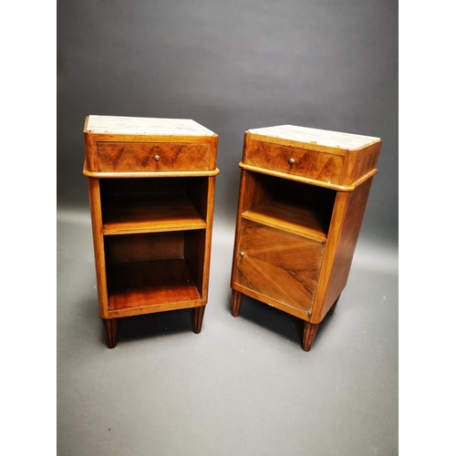 257 - Pair of Art Deco walnut bedside lockers with inset marble tops {71 cm H x 37 cm W x 33 cm D}.