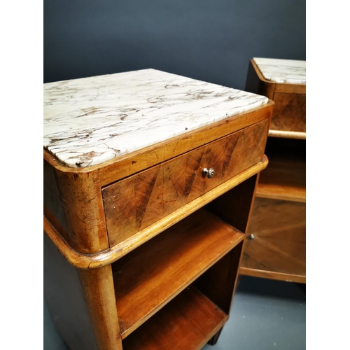 257 - Pair of Art Deco walnut bedside lockers with inset marble tops {71 cm H x 37 cm W x 33 cm D}.