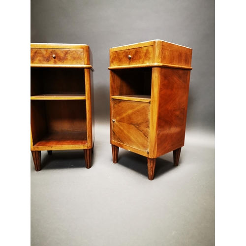 257 - Pair of Art Deco walnut bedside lockers with inset marble tops {71 cm H x 37 cm W x 33 cm D}.