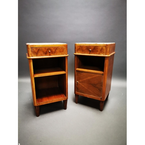 257 - Pair of Art Deco walnut bedside lockers with inset marble tops {71 cm H x 37 cm W x 33 cm D}.
