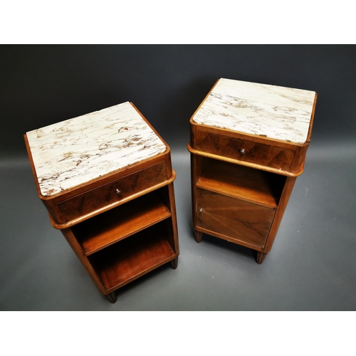 257 - Pair of Art Deco walnut bedside lockers with inset marble tops {71 cm H x 37 cm W x 33 cm D}.