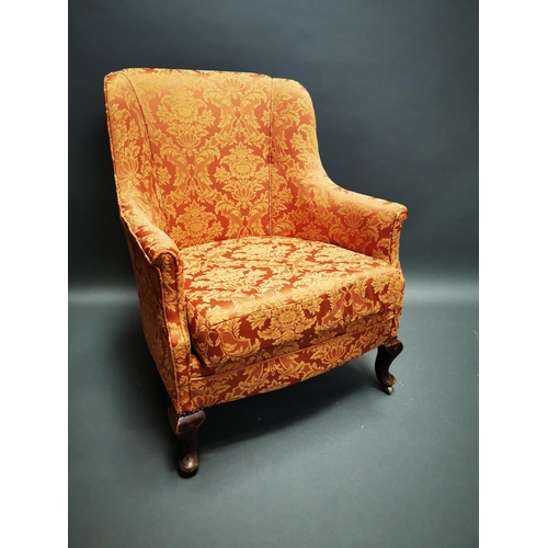 258 - Edwardian mahogany upholstered arm chair on cabriole legs {92 cm H x 71 cm W x 75 cm D}.
