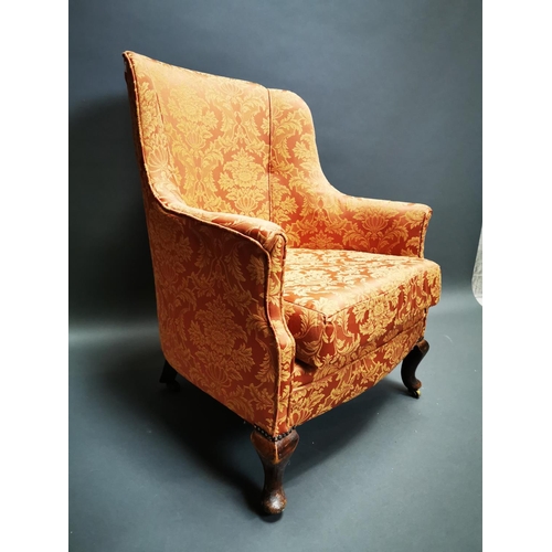 258 - Edwardian mahogany upholstered arm chair on cabriole legs {92 cm H x 71 cm W x 75 cm D}.
