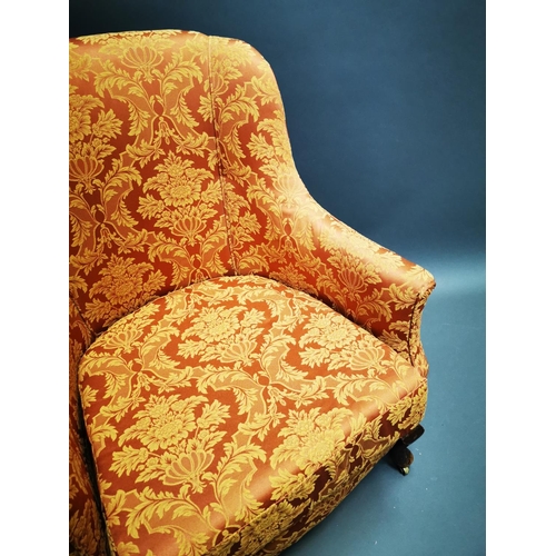 258 - Edwardian mahogany upholstered arm chair on cabriole legs {92 cm H x 71 cm W x 75 cm D}.