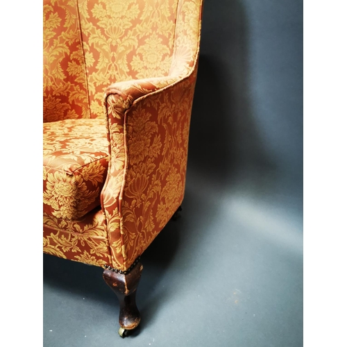 258 - Edwardian mahogany upholstered arm chair on cabriole legs {92 cm H x 71 cm W x 75 cm D}.