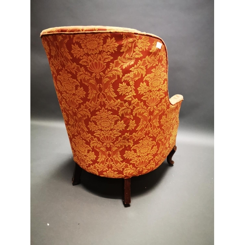 258 - Edwardian mahogany upholstered arm chair on cabriole legs {92 cm H x 71 cm W x 75 cm D}.