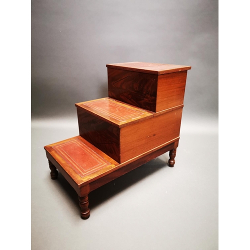 259 - Victorian mahogany library steps with inset leather panels on turned legs {62 cm H x 42 cm W x 68 cm... 