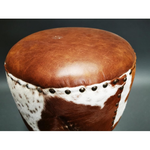 260 - Vintage leather foot stool on turned wooden legs {44 cm H x 36 cm Dia.}.