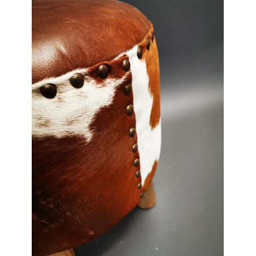 260 - Vintage leather foot stool on turned wooden legs {44 cm H x 36 cm Dia.}.