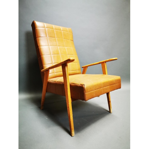 265 - Mid-century walnut and vinyl easy chair {94 cm H x 63 cm W x 80 cm D}.