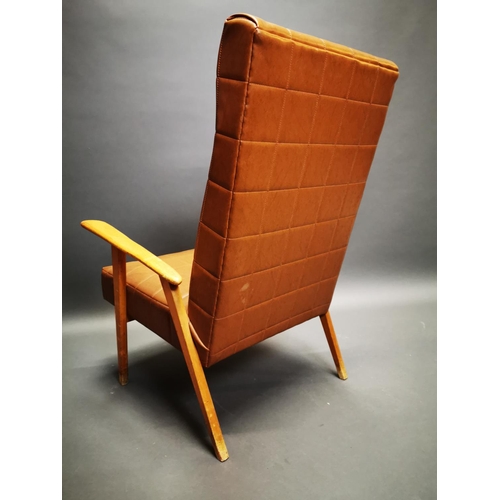 265 - Mid-century walnut and vinyl easy chair {94 cm H x 63 cm W x 80 cm D}.