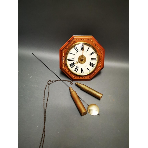 266 - Victorian walnut inlaid wag of the wall clock with painted dial {33 cm H x 33  cm W x 21 cm D}.