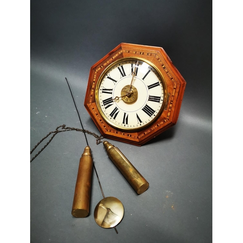266 - Victorian walnut inlaid wag of the wall clock with painted dial {33 cm H x 33  cm W x 21 cm D}.