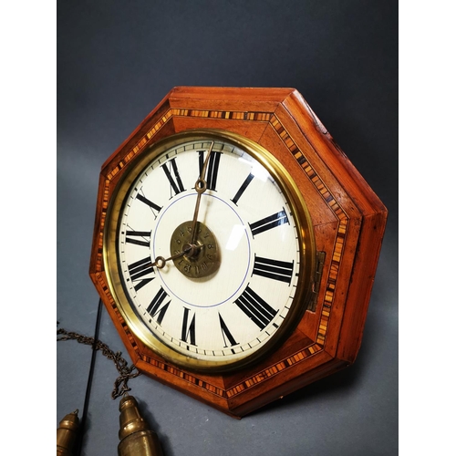 266 - Victorian walnut inlaid wag of the wall clock with painted dial {33 cm H x 33  cm W x 21 cm D}.