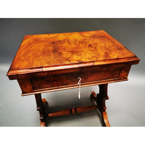 280 - Good quality 19th C. burr walnut folding games table with single drawer in the frieze on lyre suppor... 