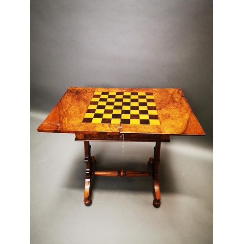 280 - Good quality 19th C. burr walnut folding games table with single drawer in the frieze on lyre suppor... 