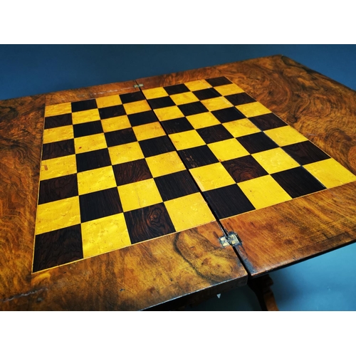 280 - Good quality 19th C. burr walnut folding games table with single drawer in the frieze on lyre suppor... 