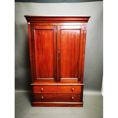 281 - 19th C. mahogany two door linen press with two long drawers in the base {212 cm H x 127 cm W x 48 cm... 