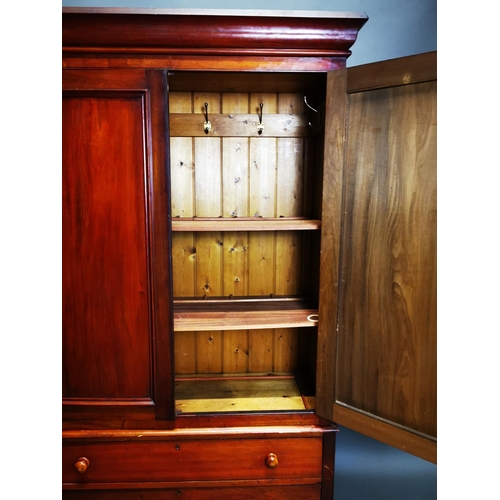 281 - 19th C. mahogany two door linen press with two long drawers in the base {212 cm H x 127 cm W x 48 cm... 