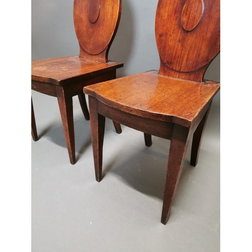 298 - Pair of Irish Georgian mahogany shield back hall chairs on square tapered legs {90 cm H x 39 cm W x ... 