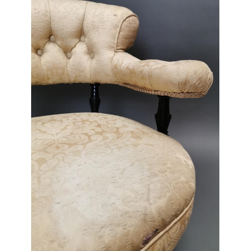 306 - Edwardian ebonised and upholstered ladies chair by Strahan & Co. {72 cm H x 71 cm W x 66 cm D}.