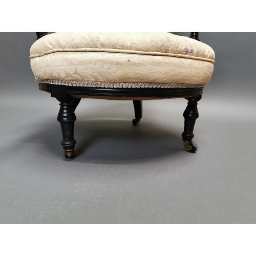 306 - Edwardian ebonised and upholstered ladies chair by Strahan & Co. {72 cm H x 71 cm W x 66 cm D}.