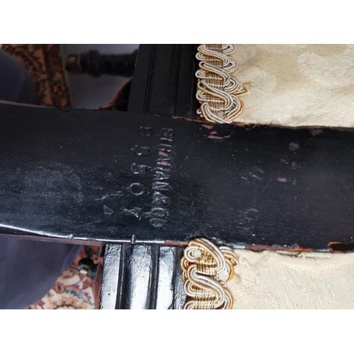 306 - Edwardian ebonised and upholstered ladies chair by Strahan & Co. {72 cm H x 71 cm W x 66 cm D}.