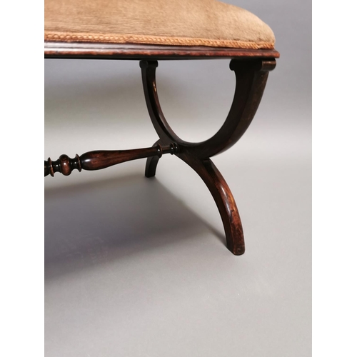 312 - 19th C. rosewood upholstered footstool on lyre supports {44 cm H x 62 cm W x 55 cm D}.