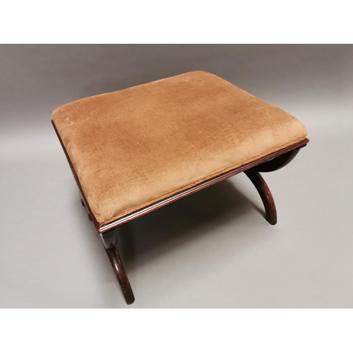 312 - 19th C. rosewood upholstered footstool on lyre supports {44 cm H x 62 cm W x 55 cm D}.