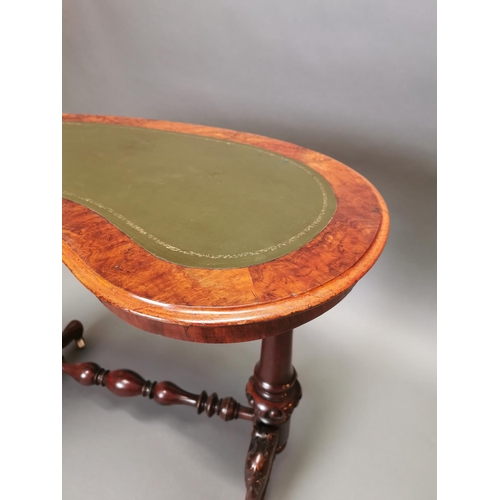 315 - 19th C. walnut and mahogany kidney shaped desk with inset leather top on carved supports and single ... 