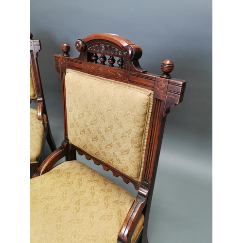 316 - Pair of Edwardian mahogany and upholstered side chairs on turned legs {90 cm H x 47 cm W x 50 cm D}.