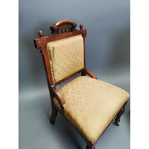 316 - Pair of Edwardian mahogany and upholstered side chairs on turned legs {90 cm H x 47 cm W x 50 cm D}.