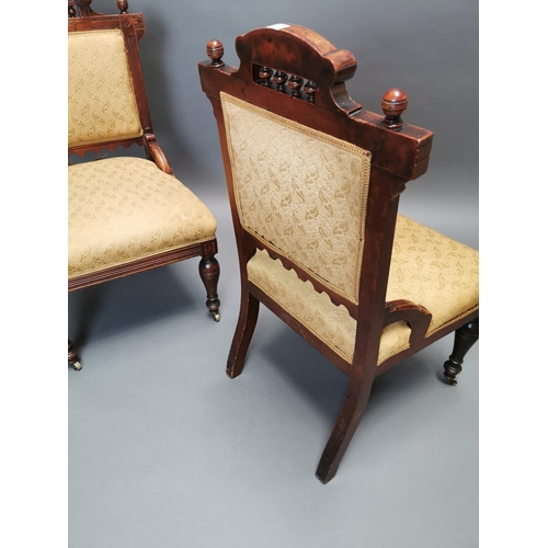 316 - Pair of Edwardian mahogany and upholstered side chairs on turned legs {90 cm H x 47 cm W x 50 cm D}.