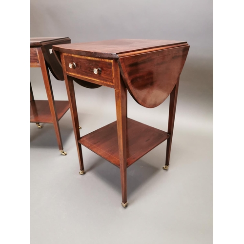 317 - Pair of exceptional quality Edwardian inlaid mahogany double drop leaf lamp tables with single drawe... 