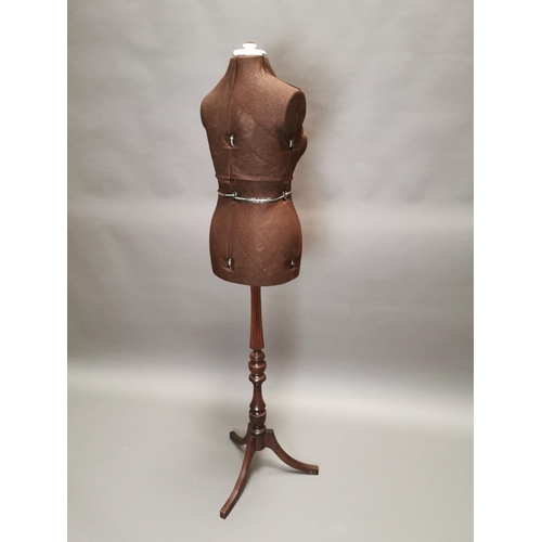 318 - 1950s shop mannequin on turned mahogany stand and three outswept legs {168 cm H x 34 cm W x 34 cm D}... 