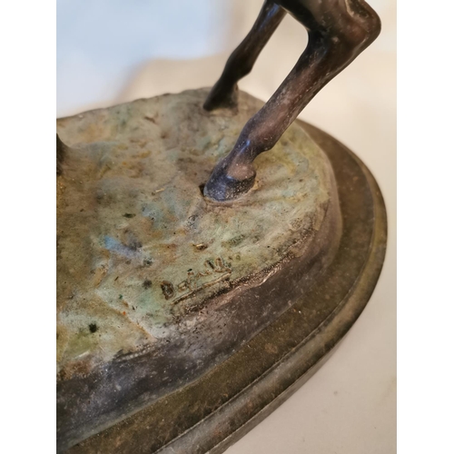 320 - Bronze model of a Horse and Jockey mounted on marble base {43 cm H x 37 cm W x 18 cm D}.