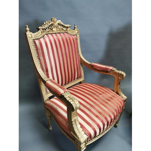 322 - Pair of carved giltwood and upholstered arm chairs in the French style {108 cm H x 56 cm W x 56 cm D... 
