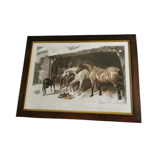 323 - Set of four Edwardian coloured prints depicting Horse scenes {66 cm H x 88 cm W}.