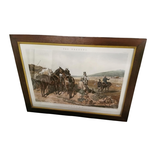 323 - Set of four Edwardian coloured prints depicting Horse scenes {66 cm H x 88 cm W}.