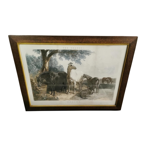 323 - Set of four Edwardian coloured prints depicting Horse scenes {66 cm H x 88 cm W}.