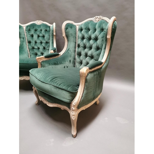 333 - Pair of early 20th C. bleached oak and crushed green velvet upholstered arm chairs in the French sty... 
