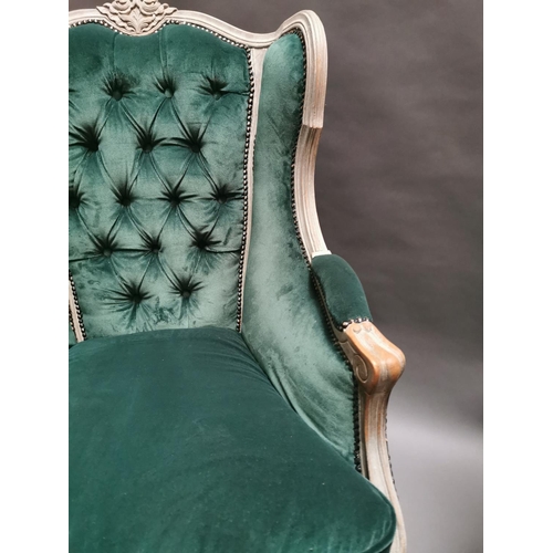 333 - Pair of early 20th C. bleached oak and crushed green velvet upholstered arm chairs in the French sty... 